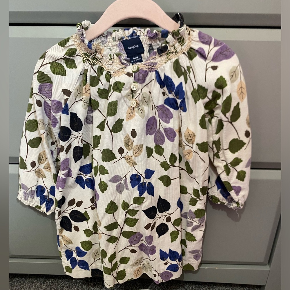 GAP Kids Leaf Print Blouse - Green, Blue, Purple on White